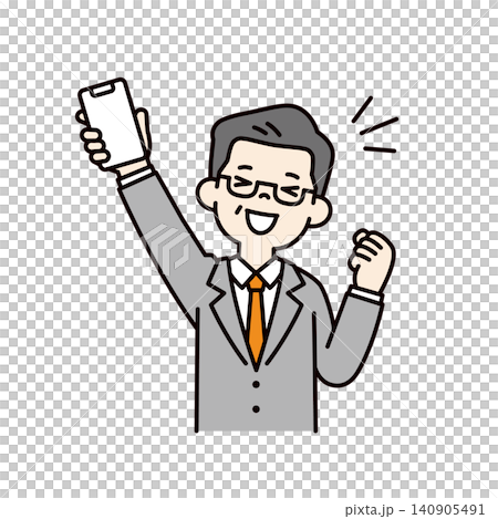 スマートフォンを掲げて大喜びでガッツポーズする社長・経営者・上司の上半身ベクターイラスト素材 140905491