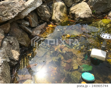 Small Rock Pool with Fallen Autumn Leaves and Clear Water Among Large Stones Small Rock Pool with Fallen Autumn Leaves and Clear Water Among Large Stones 140905744