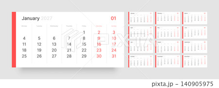 Monthly calendar layout for 2027. Planner diary. Monthly calendar layout for 2027. Planner diary. 140905975
