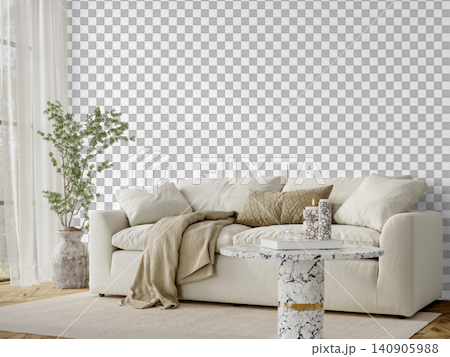 Organic Modern Living Room Interior PNG with Cream Sofa and Marble Side Table, Transparent Background, Soft Shadows Organic Modern Living Room Interior PNG with Cream Sofa and Marble Side Table, Transparent Background, Soft Shadows 140905988