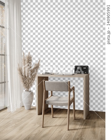 Japandi Home Office Interior PNG with Wooden Desk and Chair, Transparent Background, Soft Shadows Japandi Home Office Interior PNG with Wooden Desk and Chair, Transparent Background, Soft Shadows 140905991