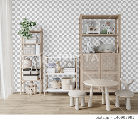 Kids Scandinavian Playroom Interior PNG with Wooden Shelves and Toys, Transparent Background, Soft Shadows Kids Scandinavian Playroom Interior PNG with Wooden Shelves and Toys, Transparent Background, Soft Shadows 140905993