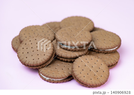 Fresh tasty sandwich cookies on table Fresh tasty sandwich cookies on table 140906928