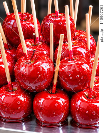 Glossy Red Candy Apples with Wooden Sticks, Caramel Apple Close Up Glossy Red Candy Apples with Wooden Sticks, Caramel Apple Close Up 140907265