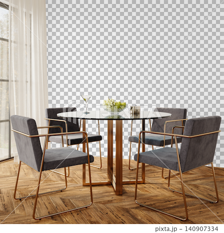 Modern Luxury Dining Room Wall Mockup PNG with Round Table and Gray Gold Frame Chairs, Transparent Background, Soft Shadows 140907334