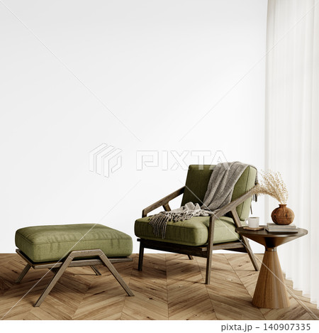 Organic Modern Lounge Corner Wall Mockup PNG with Green Armchair and Ottoman, Transparent Background, Soft Shadows 140907335