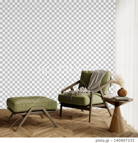 Organic Modern Lounge Corner Wall Mockup PNG with Green Armchair and Ottoman, Transparent Background, Soft Shadows 140907335
