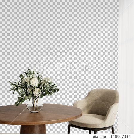 Contemporary Dining Corner Wall Mockup PNG with Round Wooden Table and Beige Upholstered Chair, Transparent Background, Soft Shadows Contemporary Dining Corner Wall Mockup PNG with Round Wooden Table and Beige Upholstered Chair, Transparent Background, Soft Shadows 140907336