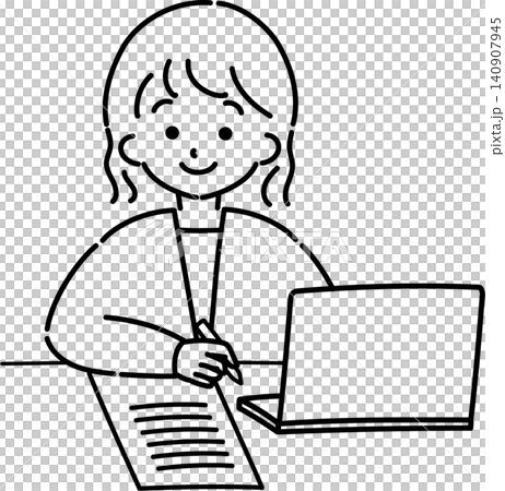 A woman working in front of a PC (line drawing) 140907945