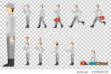 フラットイラスト:グレーの制服を着た救急救命士セット(サイド) フラットイラスト:グレーの制服を着た救急救命士セット(サイド) 140908339