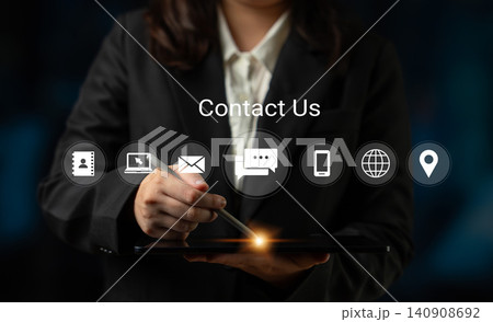 Professional businesswoman using digital tablet with contact icons, modern technology, communication interface for clients and services Gantry 140908692