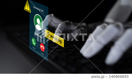 Futuristic Concept of Robot Hand Receiving Unknown Incoming Call with Warning Sign on Digital Screen Displayed Over Keyboard Background Gantry 140908693
