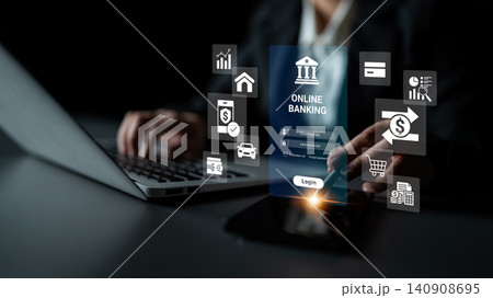 Online Banking Concept with User Interacting with Digital Interface and Touchscreen Display while Using Laptop in Dark Environment. Glyphic Online Banking Concept with User Interacting with Digital Interface and Touchscreen Display while Using Laptop in Dark Environment. Glyphic 140908695