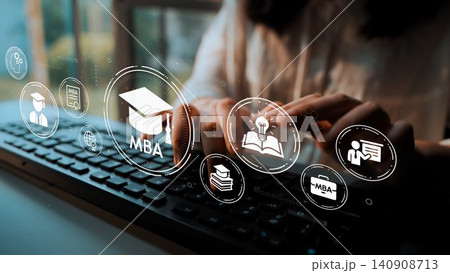 Digital Learning Environment with MBA Icons and Concepts Displayed, Emphasizing Education and Career Development in Business Administration. Entropy 140908713