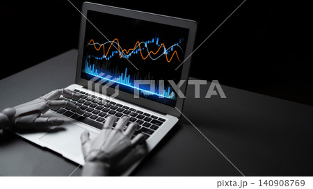 Robotic Hands Analyzing Stock Market Data on Laptop Screen with Colorful Graphs and Charts in Dark Environment Scalp Robotic Hands Analyzing Stock Market Data on Laptop Screen with Colorful Graphs and Charts in Dark Environment Scalp 140908769