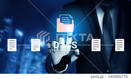 Business Professional Interacting with Document Management System Interface in Modern Office Setting with Digital Technology Background. Glyphic 140908776