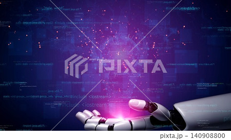 Futuristic Robot Hand Holding Glowing Energy Sphere Surrounded by Digital Code and Data Representing Technology and Innovation in Cyber Space xenic Futuristic Robot Hand Holding Glowing Energy Sphere Surrounded by Digital Code and Data Representing Technology and Innovation in Cyber Space xenic 140908800