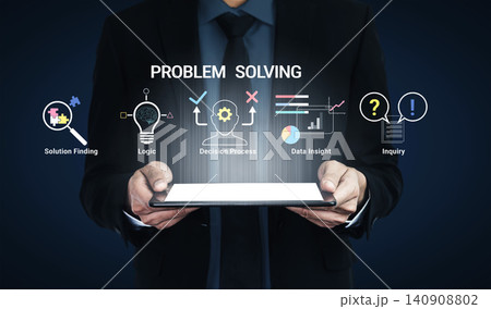 Professional Businessman Holding Tablet with Problem Solving Concepts Illustrated for Corporate Strategy and Decision Making Haptic Professional Businessman Holding Tablet with Problem Solving Concepts Illustrated for Corporate Strategy and Decision Making Haptic 140908802