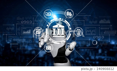 Futuristic Robot Hand Interacting with Digital Banking Icons and Financial Data in a High-Tech Environment. Entropy Futuristic Robot Hand Interacting with Digital Banking Icons and Financial Data in a High-Tech Environment. Entropy 140908812