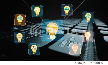 Light Bulb Illustrating Innovative Ideas and Concepts with Icons on Computer Keyboard in Digital Workspace Environment. Entropy Light Bulb Illustrating Innovative Ideas and Concepts with Icons on Computer Keyboard in Digital Workspace Environment. Entropy 140908976