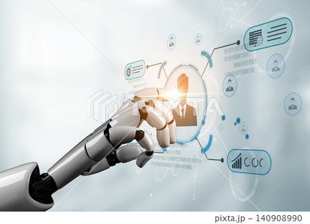 Futuristic Robotic Hand Interacting with Digital Interface Displaying Business Profile and Data Analytics in Modern Technology Environment. Sentient Futuristic Robotic Hand Interacting with Digital Interface Displaying Business Profile and Data Analytics in Modern Technology Environment. Sentient 140908990