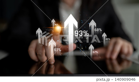 A focused business professional analyzes data trends using a tablet, surrounded by digital graphs and upward growth arrows in a contemporary office setting. Sigmoid A focused business professional analyzes data trends using a tablet, surrounded by digital graphs and upward growth arrows in a contemporary office setting. Sigmoid 140909046