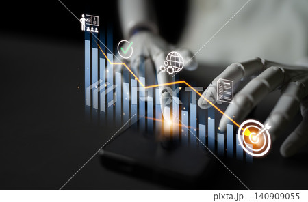 Futuristic Robot Hand Interacting with Digital Charts and Graphs on Smartphone with Business Icons and Data Analysis Interface. Bitwise 140909055