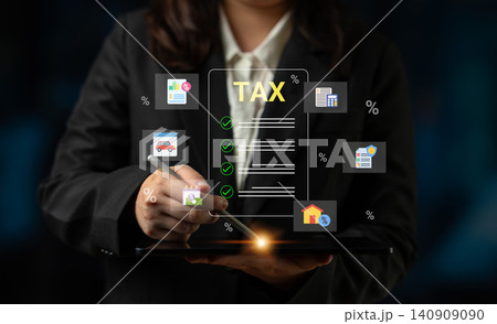 Professional Business Person Managing Tax Documents with Digital Interface and Relevant Icons on a Tablet Device in a Dark Background Cyphers. Professional Business Person Managing Tax Documents with Digital Interface and Relevant Icons on a Tablet Device in a Dark Background Cyphers. 140909090