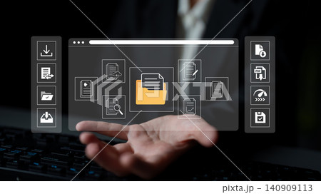 Modern Digital File Management System Interface with Folder Icon and Various Document Graphics for Technology and Business Concepts. Glyphic Modern Digital File Management System Interface with Folder Icon and Various Document Graphics for Technology and Business Concepts. Glyphic 140909113