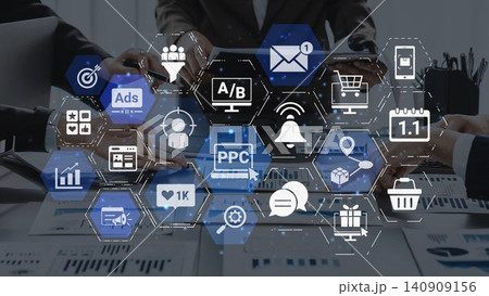Marketing online strategy with digital advertising, PPC, social media and SEO icons Funnel Marketing online strategy with digital advertising, PPC, social media and SEO icons Funnel 140909156