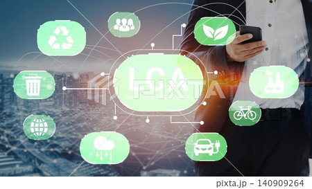 Concept of Life Cycle Assessment (LCA) with Digital Icons for Sustainability and Environmental Impact Analysis in Urban Setting Gluon Concept of Life Cycle Assessment (LCA) with Digital Icons for Sustainability and Environmental Impact Analysis in Urban Setting Gluon 140909264