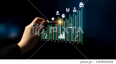 Business Growth Concept with Hand Holding Pen Over Graph and Icons Representing Various Sectors Like Education, Healthcare, Real Estate, and Finance Quark Business Growth Concept with Hand Holding Pen Over Graph and Icons Representing Various Sectors Like Education, Healthcare, Real Estate, and Finance Quark 140909268