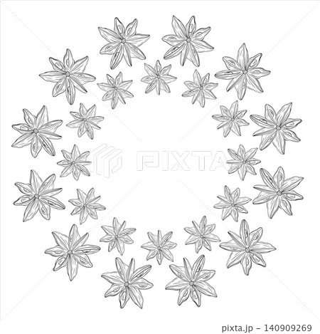Elegant vector frame with hand drawn star anise in botanical line art style. Decorative spice wreath for recipe cards, menus, packaging, labels, branding, food design, and culinary projects 140909269
