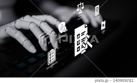 Robotic Hand Typing on Keyboard with Symbols Representing Accountability, Confidentiality, Ethical Behavior, and Integrity in Digital Environment Ledger Robotic Hand Typing on Keyboard with Symbols Representing Accountability, Confidentiality, Ethical Behavior, and Integrity in Digital Environment Ledger 140909282