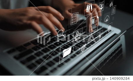 Hands Typing on Laptop with Digital Interface Icons Representing Technology, Communication, Data Analysis, and Productivity Tools in Modern Workspace. Entropy 140909284