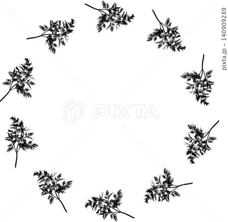 Elegant vector frame with hand drawn dill branches in botanical silhouette style. Decorative herbal border for recipe cards, menus, packaging, labels, branding, food design, and kitchen projects Elegant vector frame with hand drawn dill branches in botanical silhouette style. Decorative herbal border for recipe cards, menus, packaging, labels, branding, food design, and kitchen projects 140909289