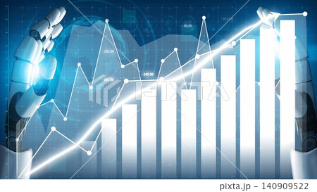 Futuristic Concept of Artificial Intelligence and Data Analysis with Robotic Hands Interacting with Graphs and Charts on Blue Background Copula Futuristic Concept of Artificial Intelligence and Data Analysis with Robotic Hands Interacting with Graphs and Charts on Blue Background Copula 140909522