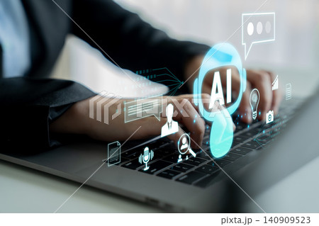 Hands typing on a laptop keyboard with digital icons representing artificial intelligence concepts and communication technology in a modern workspace. Sentient Hands typing on a laptop keyboard with digital icons representing artificial intelligence concepts and communication technology in a modern workspace. Sentient 140909523