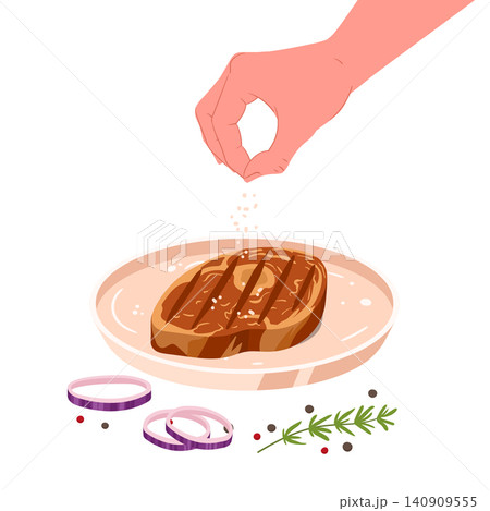 Grilled steak seasoning. Hand sprinkling salt over grilled beef steak with herbs and onion flat vector illustration. Barbecue meat food isolated on white background Grilled steak seasoning. Hand sprinkling salt over grilled beef steak with herbs and onion flat vector illustration. Barbecue meat food isolated on white background 140909555