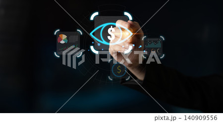 Digital Data Analysis and Financial Insights Concept with Business Graphs and Eye Symbol for Investment Strategy Visualization. Sentient Digital Data Analysis and Financial Insights Concept with Business Graphs and Eye Symbol for Investment Strategy Visualization. Sentient 140909556