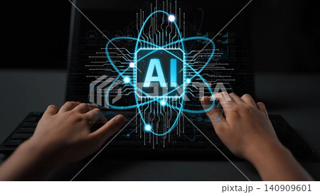 A close-up view of hands interacting with a laptop featuring an artificial intelligence symbol, representing the integration of technology in modern society. Sigmoid 140909601