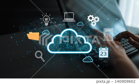 Innovative Cloud Technology and Digital Data Management Concept with Icons Representing Modern Business Solutions and Productivity Tools. Entropy Innovative Cloud Technology and Digital Data Management Concept with Icons Representing Modern Business Solutions and Productivity Tools. Entropy 140909602