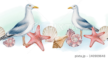 Seagull Seamless Border Watercolor Illustration Seagull Seamless Border Watercolor Illustration 140909648