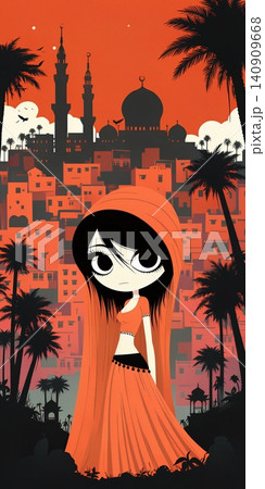 A stylized illustration of a young woman in traditional attire set against a vibrant desert cityscape. A stylized illustration of a young woman in traditional attire set against a vibrant desert cityscape. 140909668