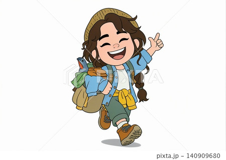 A cheerful young girl hiking with a backpack and a friendly bird companion. A cheerful young girl hiking with a backpack and a friendly bird companion. 140909680