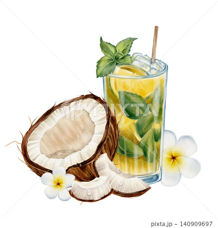 Tropical Cocktail and Coconut Watercolor Illustration Tropical Cocktail and Coconut Watercolor Illustration 140909697