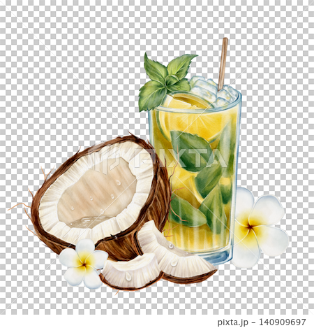 Tropical Cocktail and Coconut Watercolor Illustration Tropical Cocktail and Coconut Watercolor Illustration 140909697