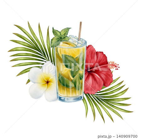 Tropical Cocktail and Flowers Watercolor Illustration Tropical Cocktail and Flowers Watercolor Illustration 140909700