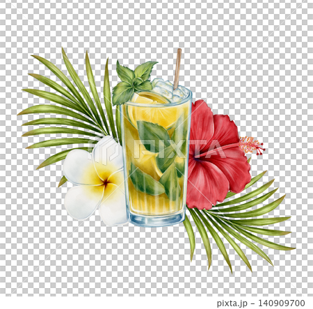 Tropical Cocktail and Flowers Watercolor Illustration Tropical Cocktail and Flowers Watercolor Illustration 140909700