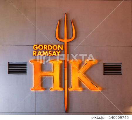 Gordon Ramsay's Hell's Kitchen Sign in Las Vegas at Night Gordon Ramsay's Hell's Kitchen Sign in Las Vegas at Night 140909746